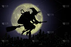 月亮,北方深红色食蜂鸟,天空,贺卡,水平画幅,传统,古老的,扫帚,冬天