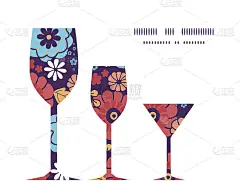 向量五颜六色的花束鲜花，三个葡萄酒杯剪影图案框架