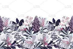 向量花无缝模式，边界。水平全景设计与花在灰白色和丁香色调。