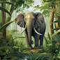 an illustrated image of an imposing elephant in a lush environment. The elephant should be portrayed with a detailed artistic style, highlighting its unique features such as its tusks and large ears. Use vibrant colors to depict both the elephant and the 