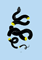 This may contain: an illustration of a snake with yellow eyes on it's head and two snakes in the