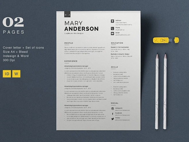 Resume Mary logo illustration word template minimal professional resume ...