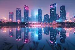 海滨城市风光高楼夜景摄影图