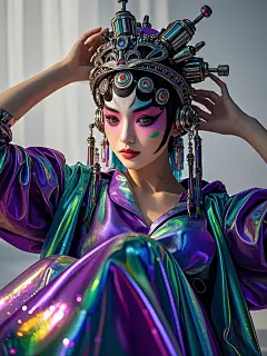 机械零件与人像摄影融合 概念设计作品 川剧机械姬 服装和头饰融入了炫彩镭射等未来材质 艺术彩妆 头冠由机械零件组合而成 戏曲文化与现代机械科技融合 完美光影 柔焦 柔光 (1)