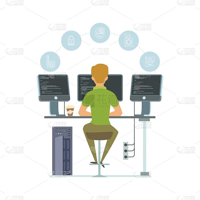 程序员，信息技术工作者矢量插图。编程图标和软件开发人员隔离在白色背景上素材-花瓣网