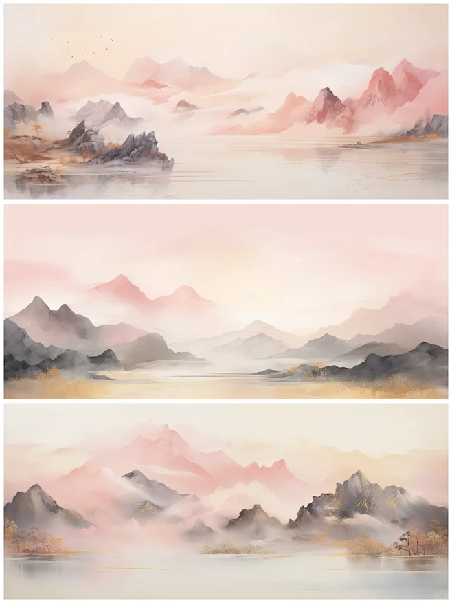 东方美学-粉色山河|新中式国风山水风景插画-花瓣网