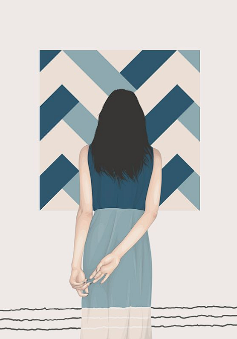 手绘插画女生头像蓝色莫兰迪色女生背影