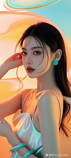 女，精致的五官，艺术感，皮肤白皙，顶级时尚杂志大片构图，光线跟踪，光影，层次感，立体感，最佳质量，前景虚化，8K，丰富的色彩，青橙色，流体背景，全身，丁达尔光效，杂志封面，高级感，