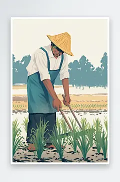 AI数字艺术复古农民插秧春耕农忙种田插画