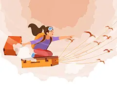 创意乘坐旅行箱飞行的女子矢量图.jpg