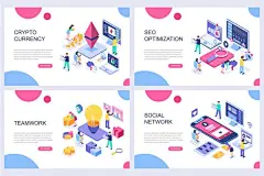 多主题风格网站着陆页等距概念2.5D插画素材模板下载 Landing Page Templates Isometric Concept