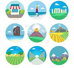 s0221-99个风景农场雪山森林沙滩工厂江河大海城市AI矢量图标插画-淘宝网