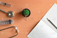带有听诊器、仙人掌和铅笔的记事本，背景在木板上。使用壁纸教育，商业照片。注意产品的纸质对象，概念或复