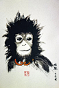 买的打铁笔记本，里面请了15位插画家一起画猴子，这是微观的作品，水墨猴子