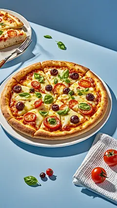 披萨，饱满有光泽，颜色饱满有食欲，动感，活力，简约，干净，纯色背景，静物摄影，海报，冲击力，画面通透明亮，光线柔和 (6)