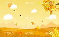 秋天唯美丰收插画背景  - 源文件下载【酷图网】秋天,唯美,丰收,插画,背景,黄色,橘色,暖色,枫叶,麦穗,田园,自然,素材,