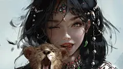 可爱女孩 绿色眼睛 小狮子 厚涂 桌面壁纸背景图