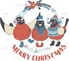 有趣的圣诞贺卡有三只红腹灰雀