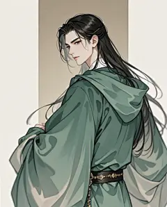 国风插画男子长发披肩垂直连帽长袍