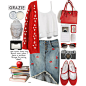 A fashion look from September 2015 featuring red cardigan, white top and denim skirt. Browse and shop related looks.