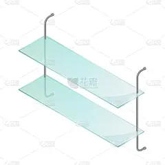 等距矢量插图空玻璃架子孤立在白色背景。逼真的透明玻璃货架图标在平面卡通风格。现代的书架。透明展板。