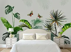 北欧手绘植物芭蕉叶花卉壁画背景墙(图片编号:17455289)_现代简约电视背景墙_我图网