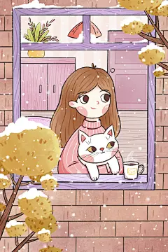 冬季雪景少女猫咪手绘插画