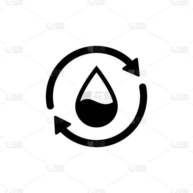回收水图标。水滴与2个同步箭头。单个黑色圆形液体循环图标。行星生物保护圈平面设计