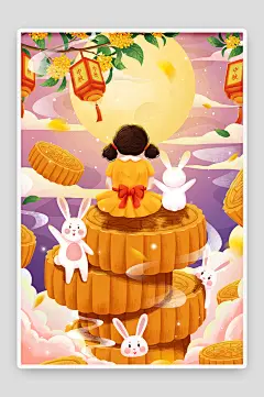 国庆中秋月亮月饼兔子手绘祥云插画节日海报