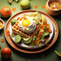 a plate of food, including waffles, with avocado and food , in the style of realistic and hyper-detailed renderings, playful character design, light yellow and orange, vray, organic patterns, playful use of texture, heavy use of palette knives