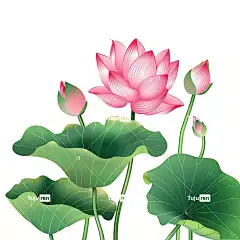 荷花荷叶荷塘唯美插画手绘