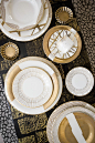~ Living a Beautiful Life ~ Elegant yet fun holiday tabletop. gold & white china table scape