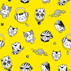 时尚猫咪黑白线描插画黄色背景图案设计素材