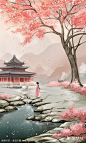 桃花盛开  宫廷建筑背景   远处站着一个粉衣少女背景