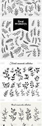 免扣元素 树叶黑白线描叶子元素高清花朵复古小清新平面设计素材-淘宝网