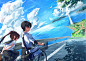 Anime 4093x2894 anime girls anime boys couple school uniform schoolgirl schoolboys black hair blushing closed eyes backpacks bicycle clouds cumulus lighthouse water seagulls animals NaMiKimiki island leaves ridges shirt sea sunlight bag road laughing sky 