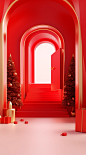 3d illustration of an archway and golden boxes, christmas decor, happy holidays, new year, decoration, red door with christmas gifts, in the style of monochromatic minimalism, salvador dalí, editorial illustrations, ricardo bofill, jeeyoung lee, emphasis 