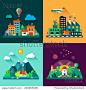 Color vector flat icon set and illustrations urban and village landscapes: nature, mountains, lake, boating, vacation, sun, trees, house, mills, field, city, factory, pollution, cars, skyscrapers 正版图片|正版微利素材库 - 海洛创意（HelloRF） - 站酷旗下产品 - Shutterstock中国独家合作伙