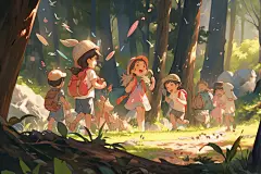 树林儿童露营插画图片