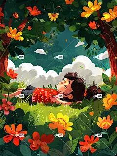 一个小女孩，躺在草地上，天空中满是白云，阳光明媚。海报