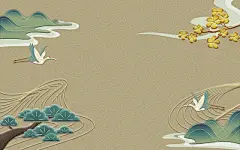 国潮山水祥云仙鹤青松图国潮人物插画