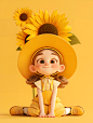 戴向日葵帽子坐着的小女孩六一儿童节3D人物插画