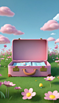 A-open-empty-pink-suitcase-on-the-wide-grass-surrounded-by-flowers--in-front-view--the-suitcase-is-empty-inside--with-sky-blue-background--in-the-cartoon-style--rendered-in-C4D--as-a-3D-scene-displayi (2)