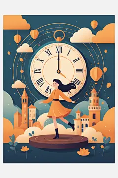 数字艺术插画版画海边女孩线条画扁平风装饰-众图网
