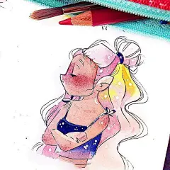 水彩：女孩手绘小像插画，飘逸的头发，简化的人物造型