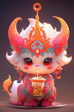 3d立体2024新年喝奶茶的中国龙元素