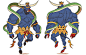 This may contain: two images of an evil looking man with horns on his head and hands in the air