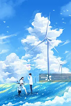 唯美夏日天空风车户外情侣插画背景图片素材