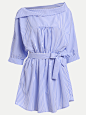 Self-Tie Fold Collar Vertical Striped Dress - Blue