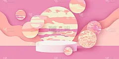 3D讲台场景或基座上粉彩背景与最小的几何形状剪纸工艺工作室展示产品模型设计。圆圈。行星。宇宙。